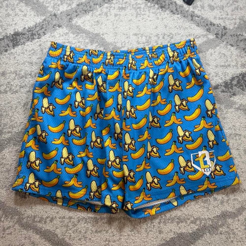 Baseball lifestyle 101 men’s shorts blue yellow bananas medium. 5in inseam